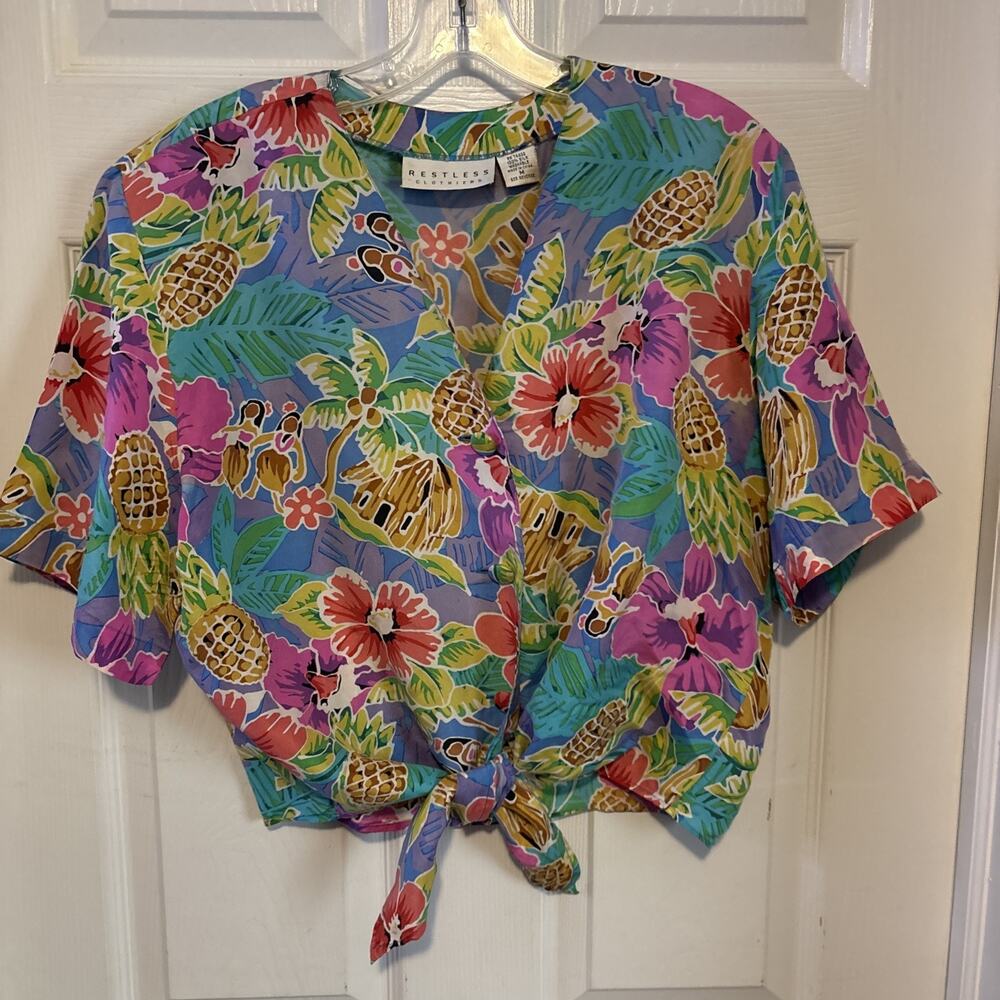 Restless Clothiers Hawaiian 100% Silk Blouse Tie Waist Women’s Med